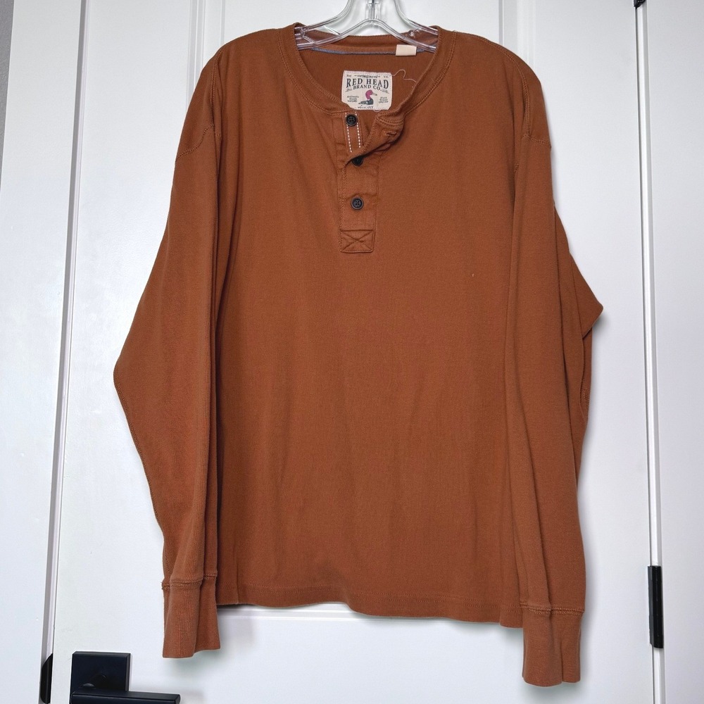 RedHead Mens Long Sleeve Henley Shirt Burnt Orange Cotton Large‎ Heritage Rust